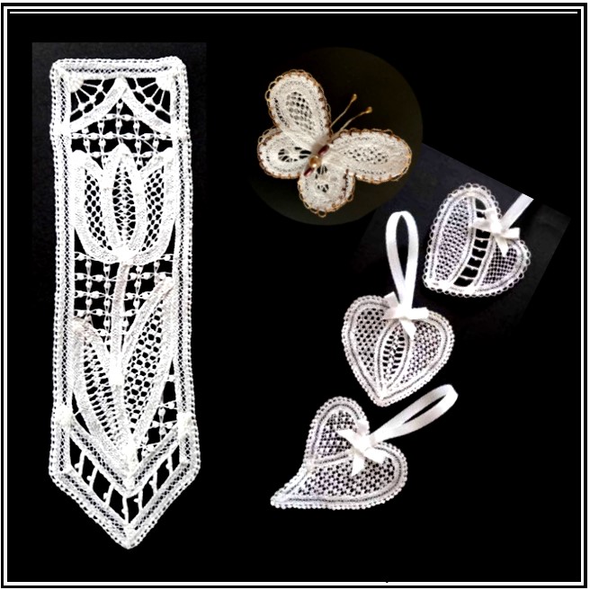 La dentelle Luxeuil est formée de lacets assemblés au moyen de points décoratifs réalisés à l’aiguille. La dentelle Luxeuil est formée de lacets assemblés au moyen de points décoratifs réalisés à l’aiguille.